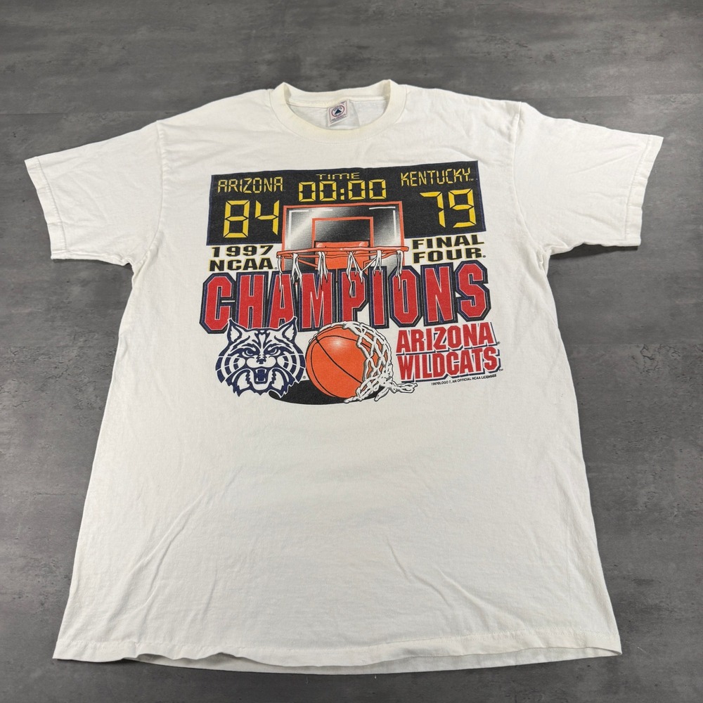 Vintage 90s Arizona Wildcats T-Shirt L White NCAA Basketball Champions Kentucky